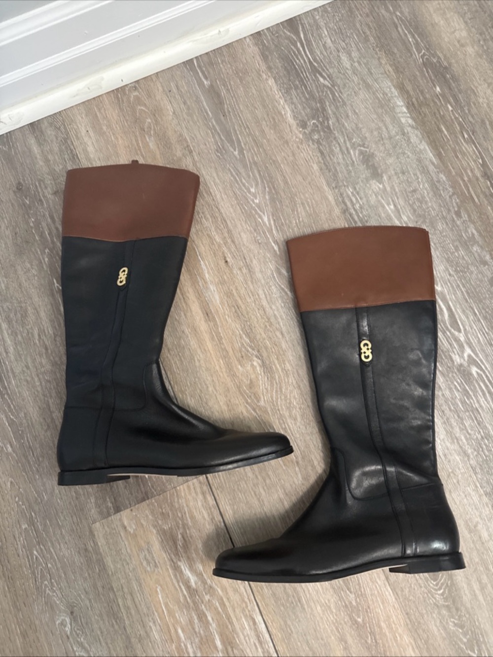 Cole Haan Two-Tone Black and Brown Leather Knee Boots equestrian women’s 8